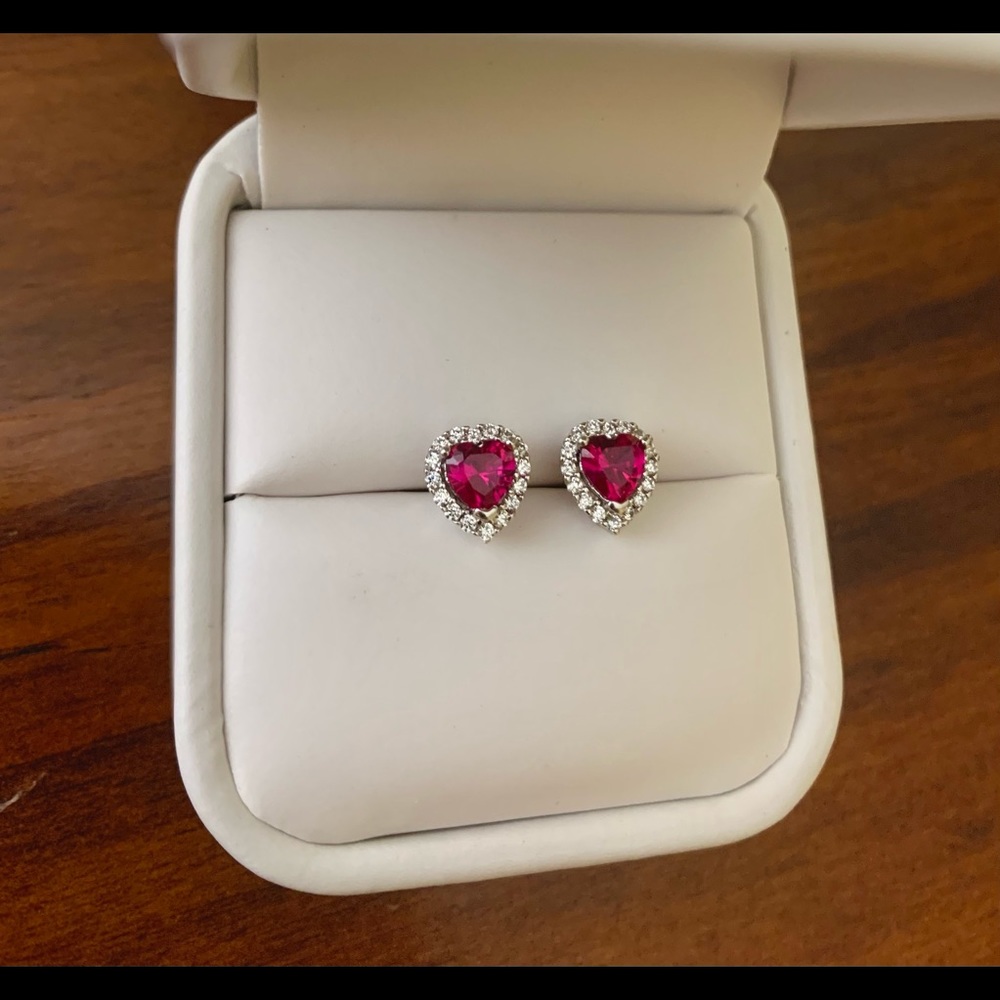 Heart shaped ruby and sterling silver earrings